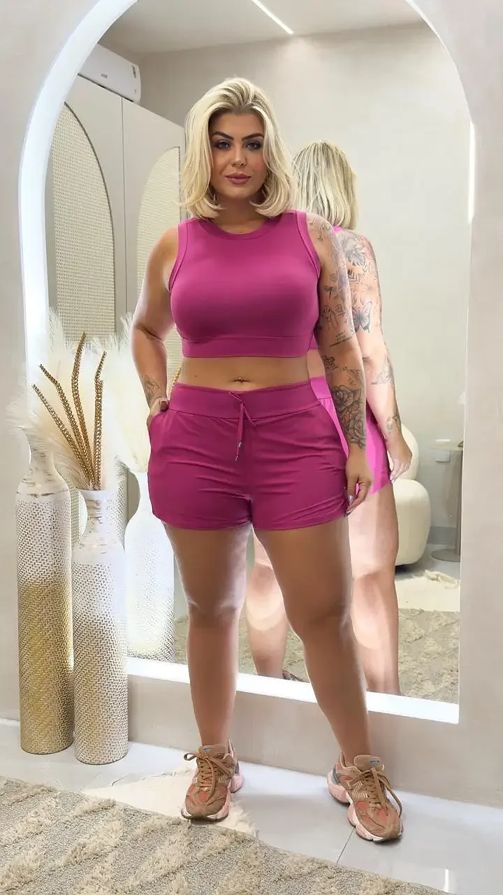 Conjunto Fitness Lais e Short Duplo e Cropped Pitaya