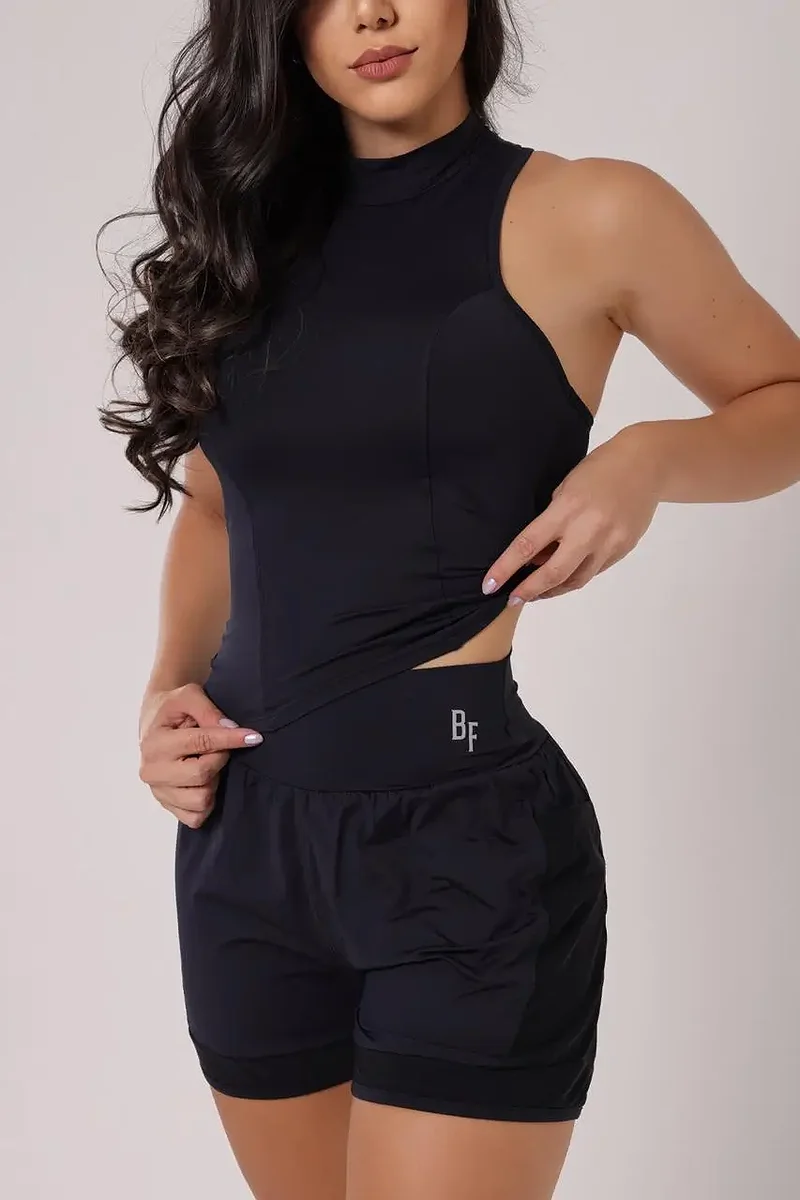 Conjunto Fitness Fabi Short Curto e Regata Preto Tam. M