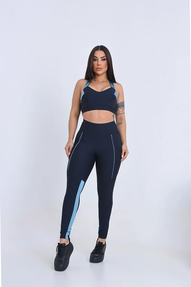 Conjunto Fitness Helena Calça Legging e Top Tam. G cor Preto Azulado