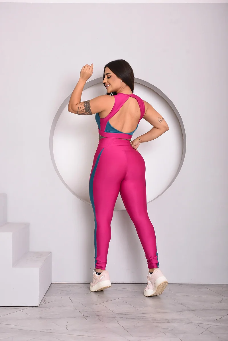 Conjunto de Legging Witoria em Suplex Premium Rosa Fúcsia e Azul