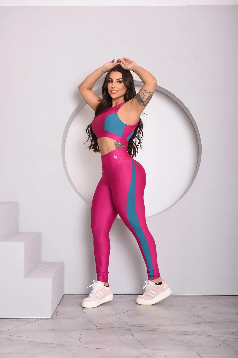 Conjunto de Legging Witoria em Suplex Premium Rosa Fúcsia e Azul