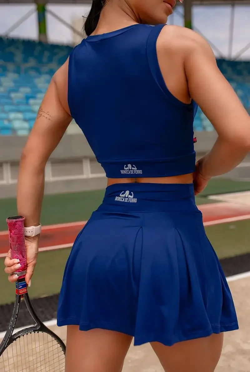 Conjunto Beach Tennis Feminino Azul Shorts Saia